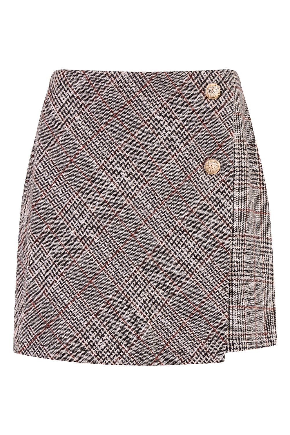 Mela Grey Checked Wrap Mini Skirt With Button Detail