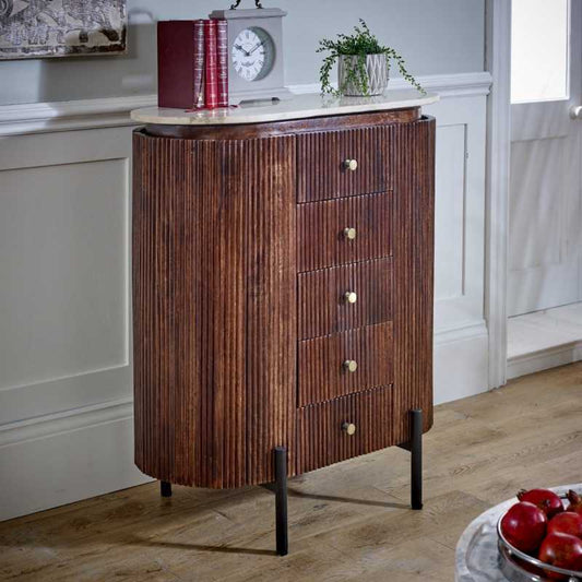Opal Mango Wood Wide Chest Of Drawers With Marble Top & Metal Legs