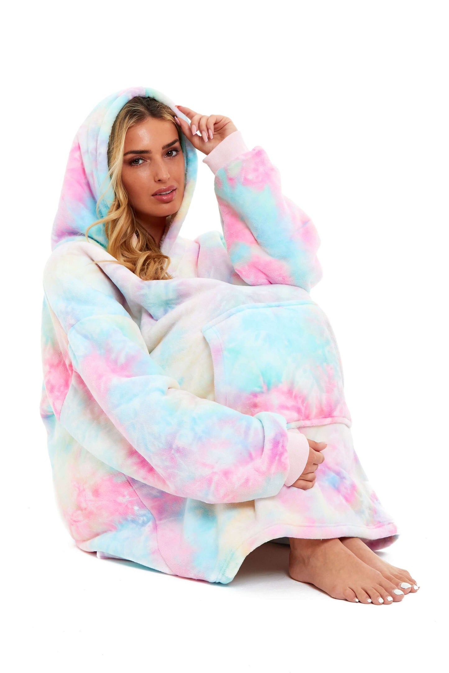 Tie Dye Rainbow Oversized Hooded Plush Fleece Wearable Blanket with Sherpa, Elastic Cuffs, and Double Pocket for Adults and Kids by Daisy Dreamer