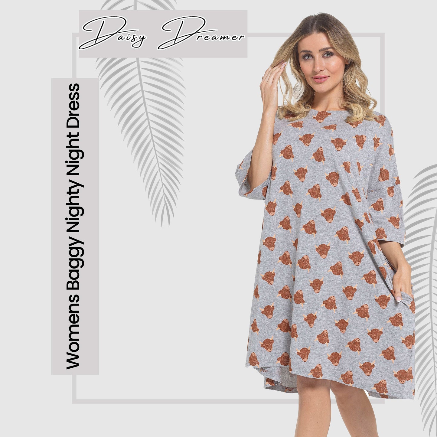 Women's Highland Cow Cream Baggy Nighty Dress in Cotton