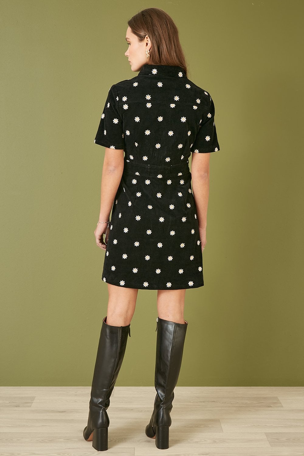 Yumi Black Daisy Embroidered Cord Shirt Dress