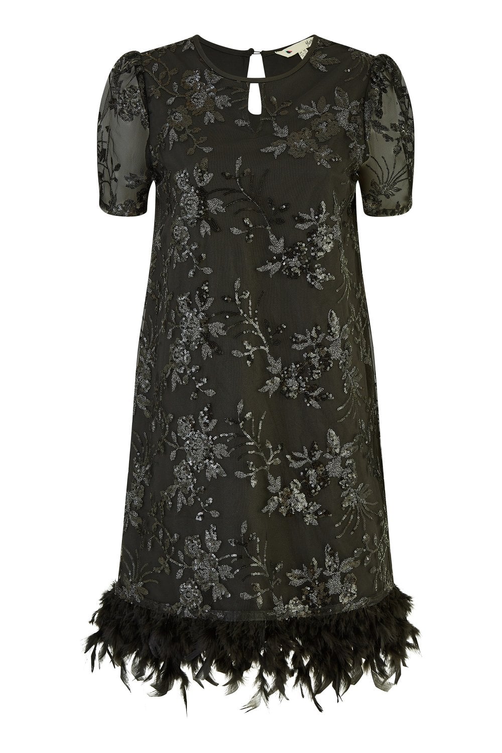 Yumi Black Sequin Embroidered Tunic Dress With Feather Trim Hemline