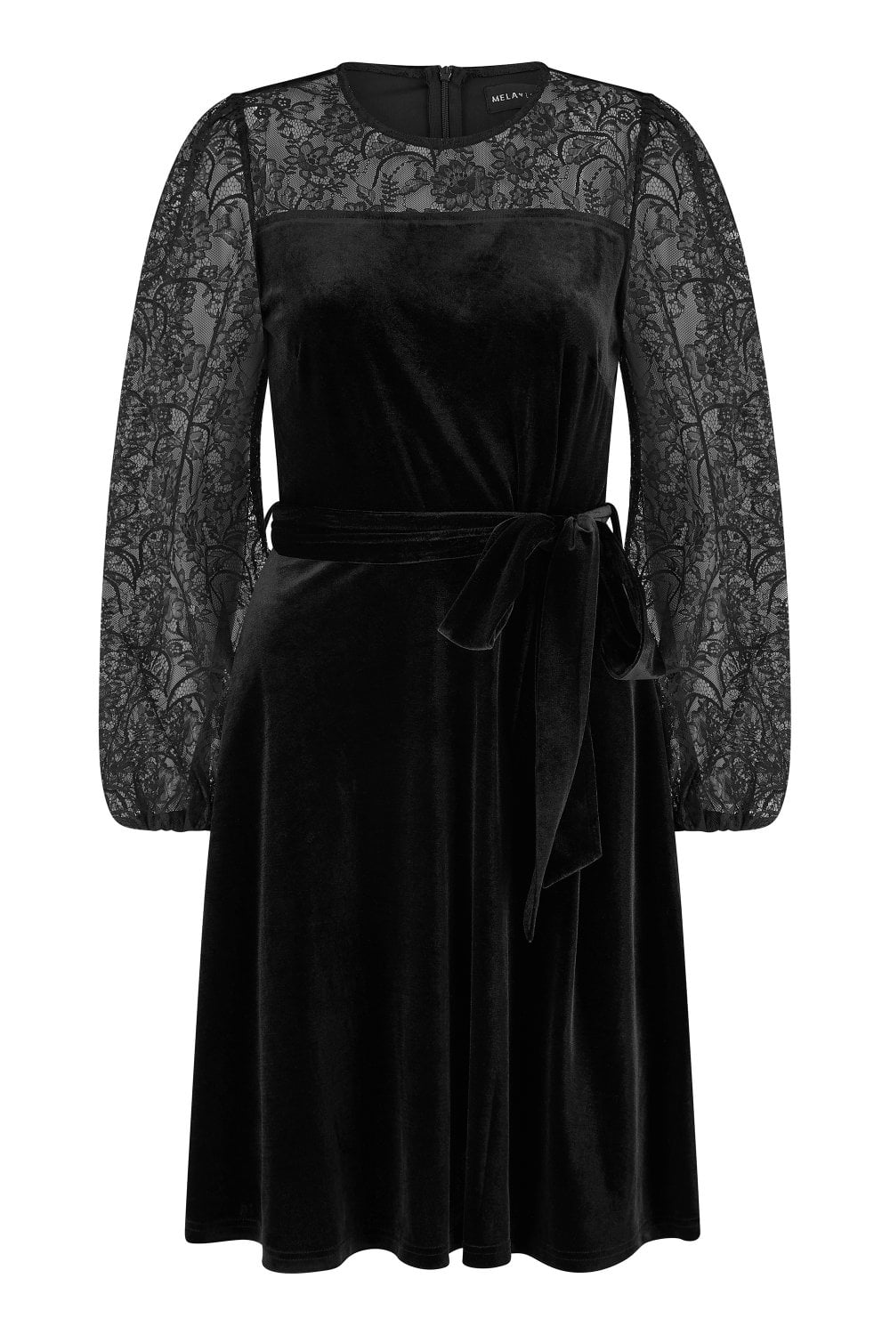 Yumi Black Velvet Skater Dress With Lace Sleeves