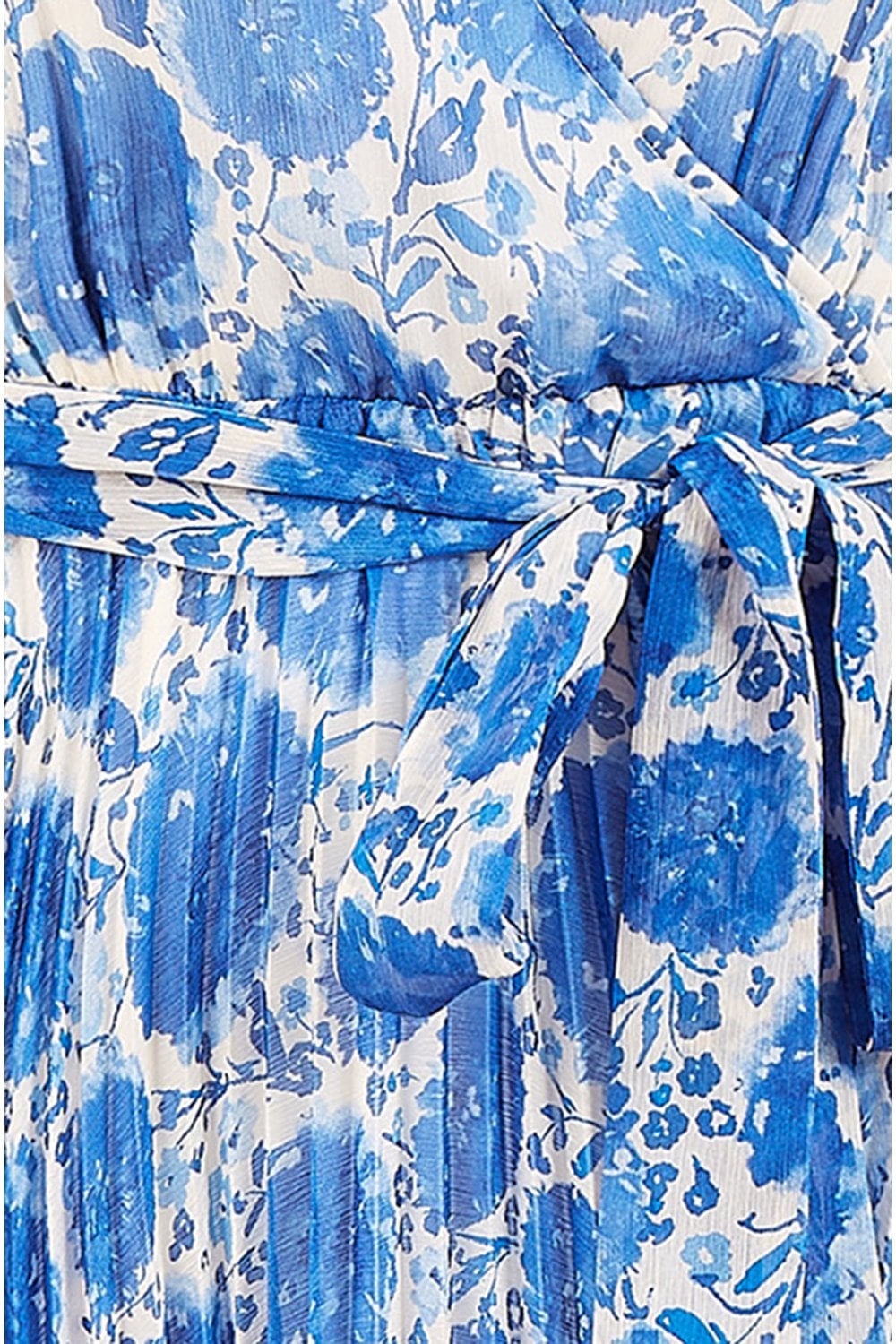 Yumi Blue Floral Pleated Midi Dress With Puff Sleeves