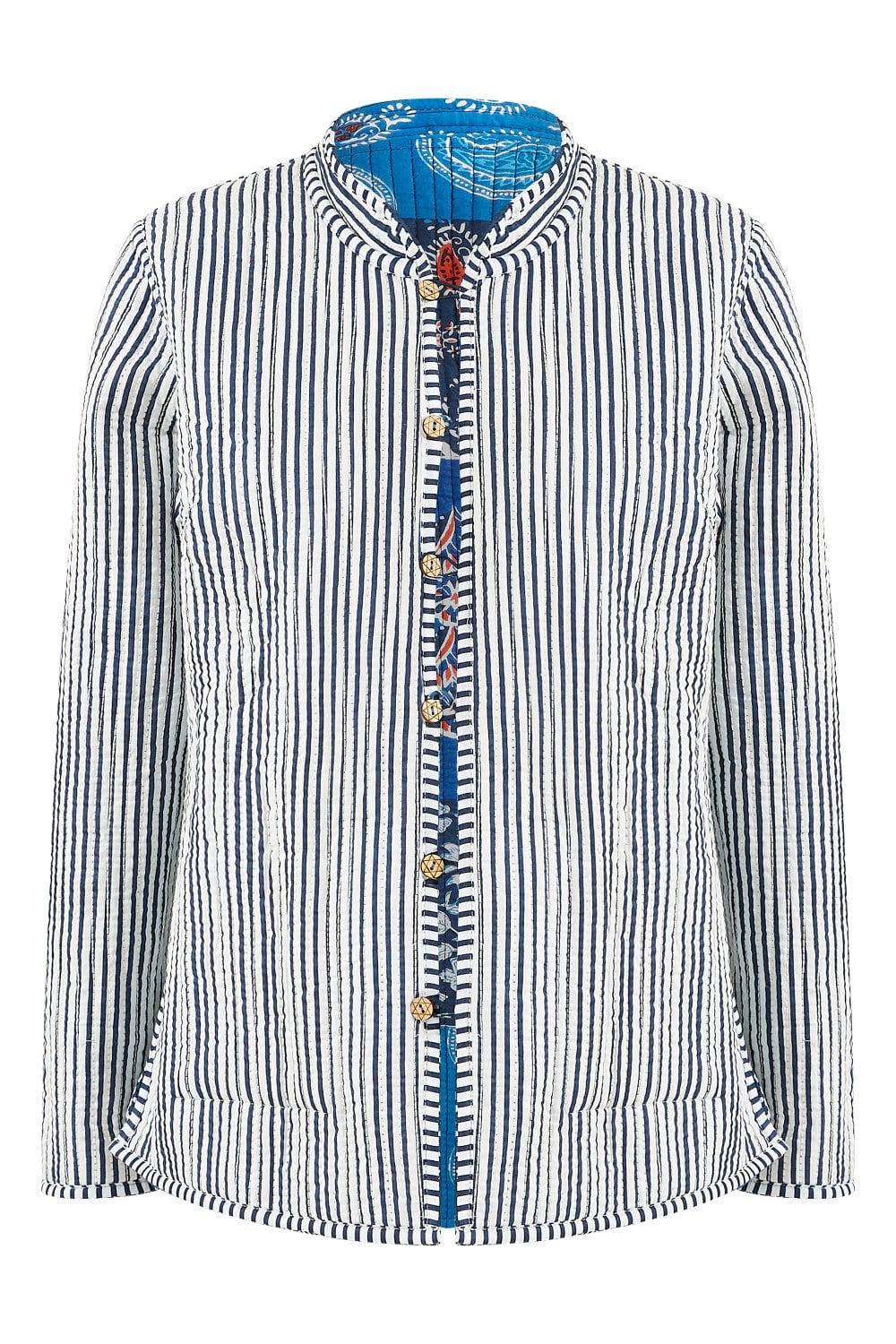 Yumi Blue Indian Patchwork Print Reversible Cotton Quilted Jacket