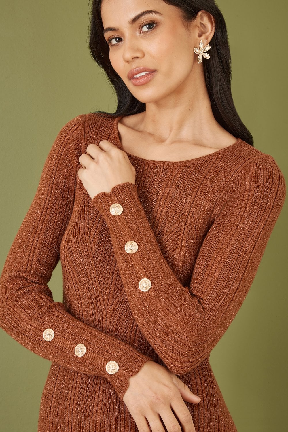 Yumi Brown Shimmer Fitted Midi Dress With Button
