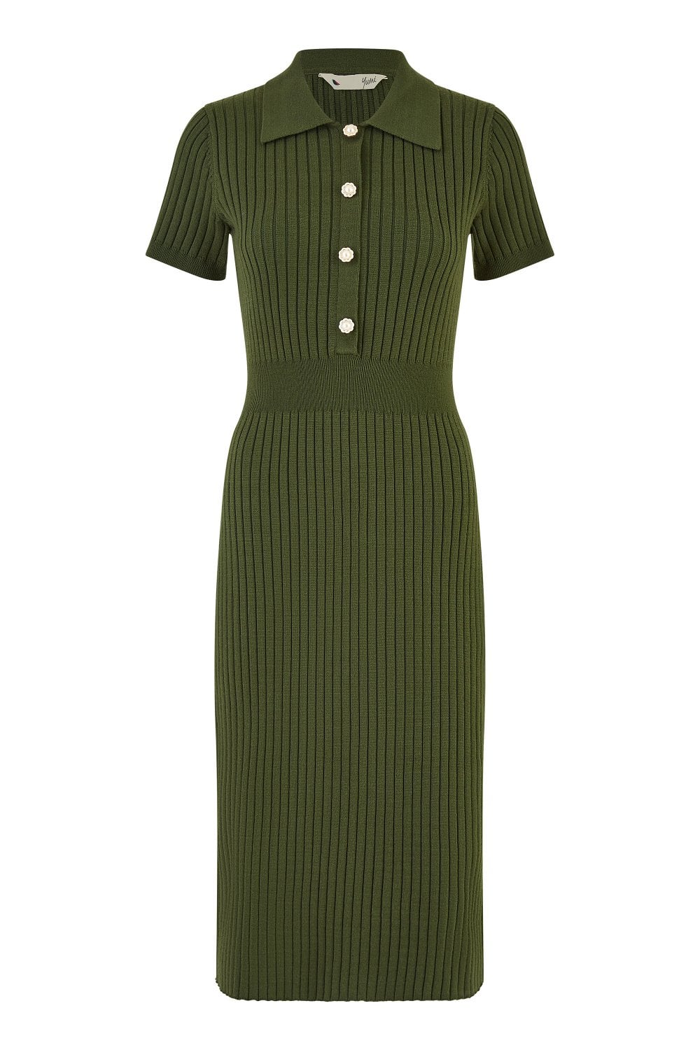Yumi Green Fitted Rib Knitted Midi Dress With Daisy Buttons