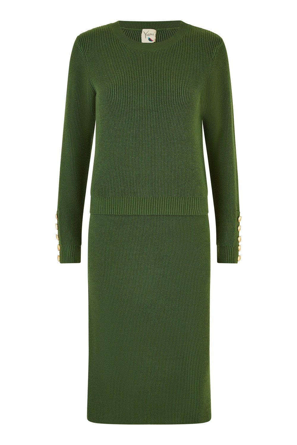 Yumi Green Rib Knitted Jumper With Sleeve Button Detail