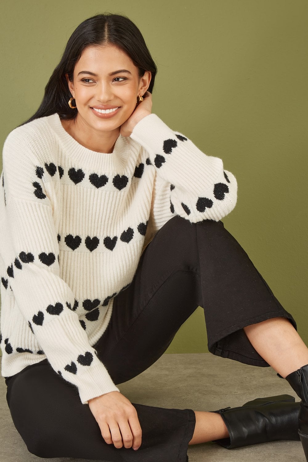 Yumi Ivory Knitted Jumper With Heart Stripes
