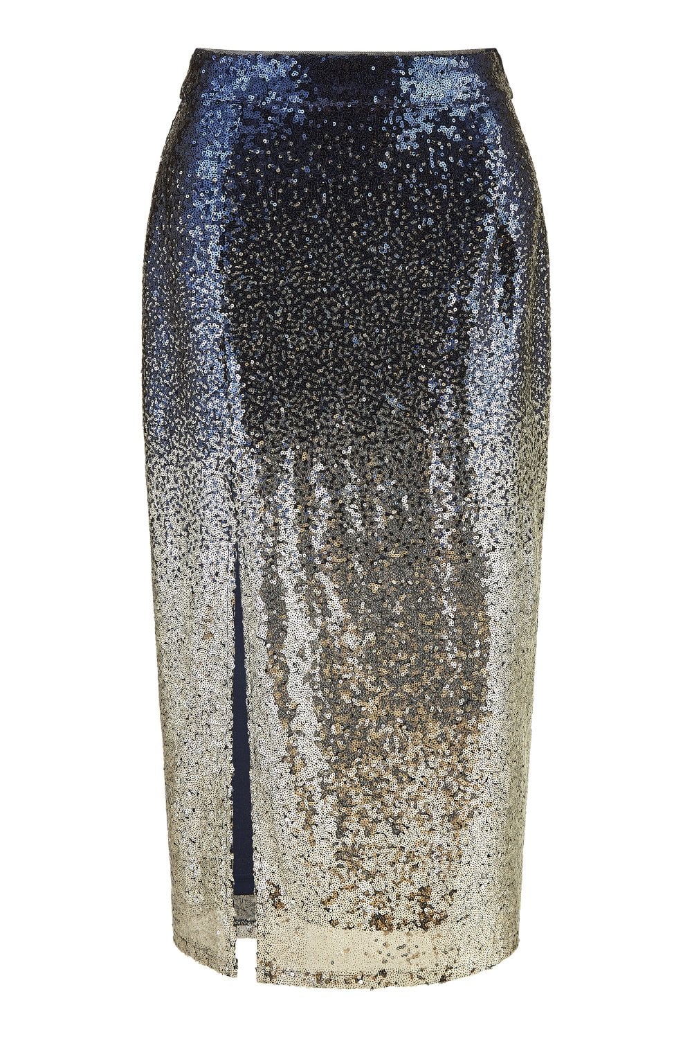 Yumi Navy And Silver Sequin Split Fitted Midi Skirt