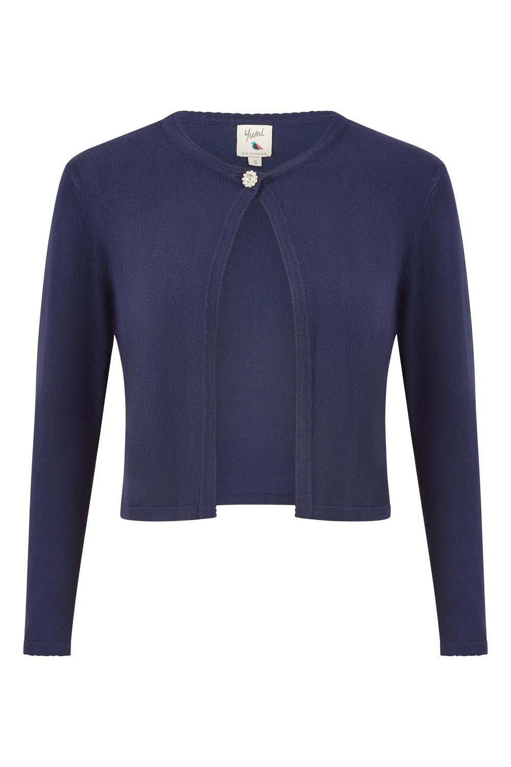 Yumi Navy Diamante Button Cropped Cardigan