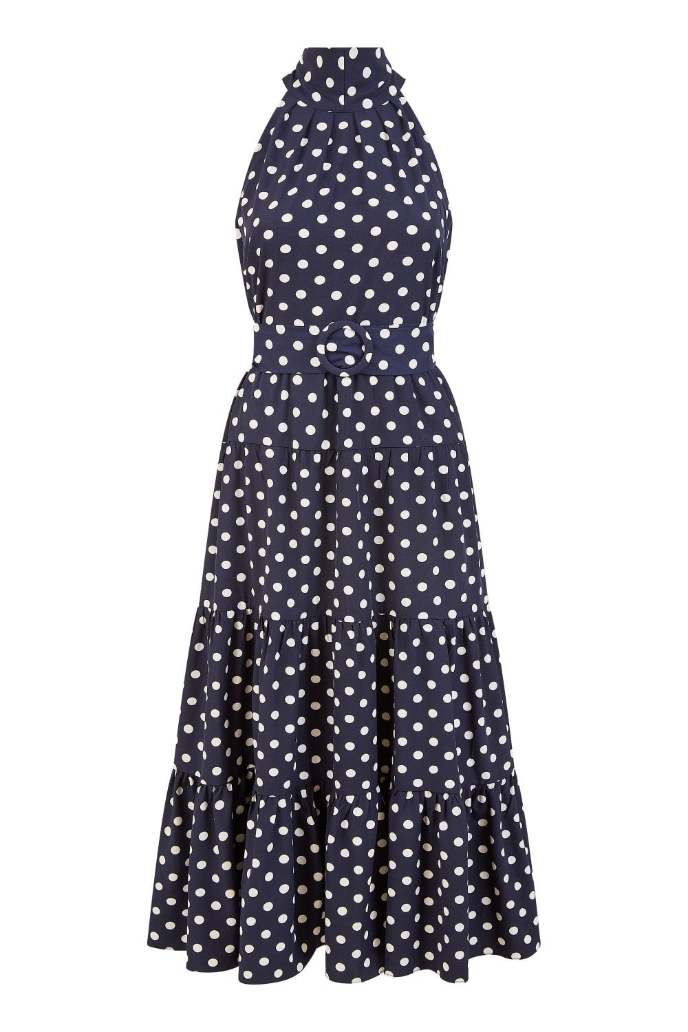 Yumi Navy Spot Print Halter Midi Dress With Matching Belt
