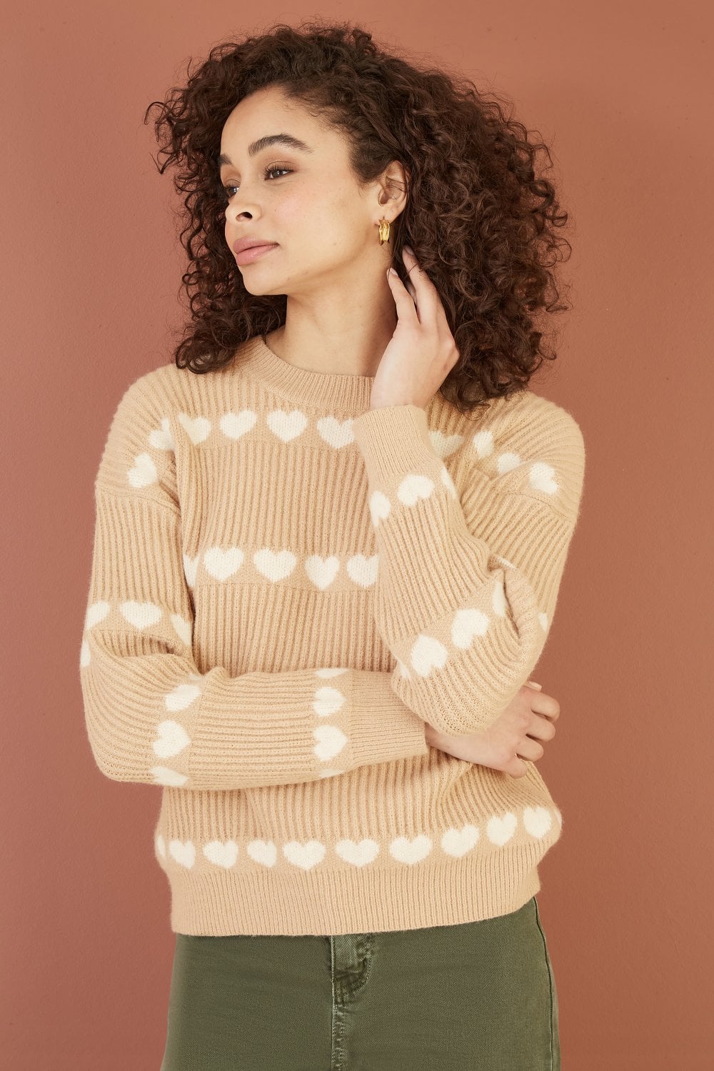 Yumi Oatmeal Knitted Jumper With Heart Stripes