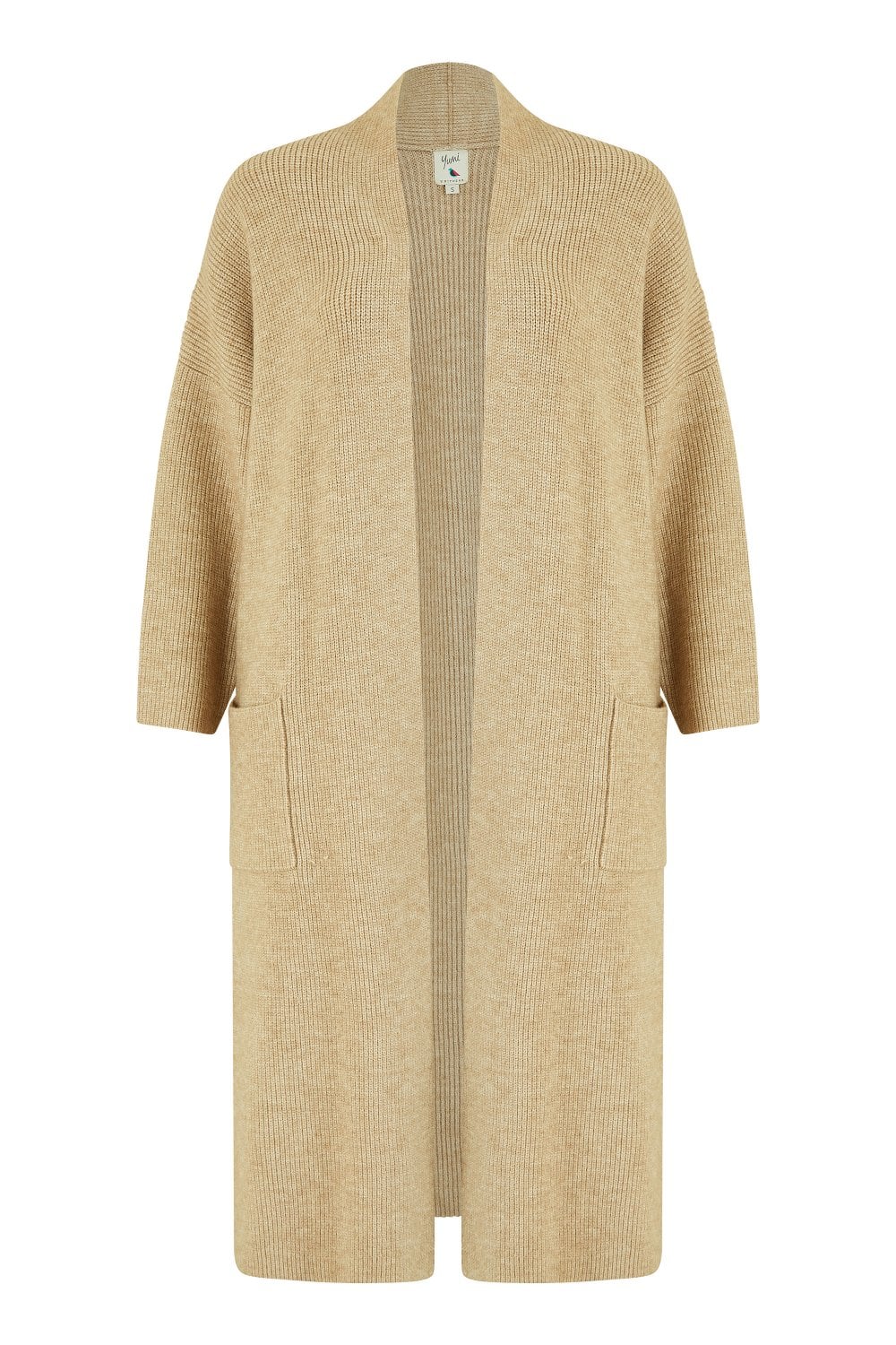 Yumi Oatmeal Knitted Maxi Cardigan With Pockets