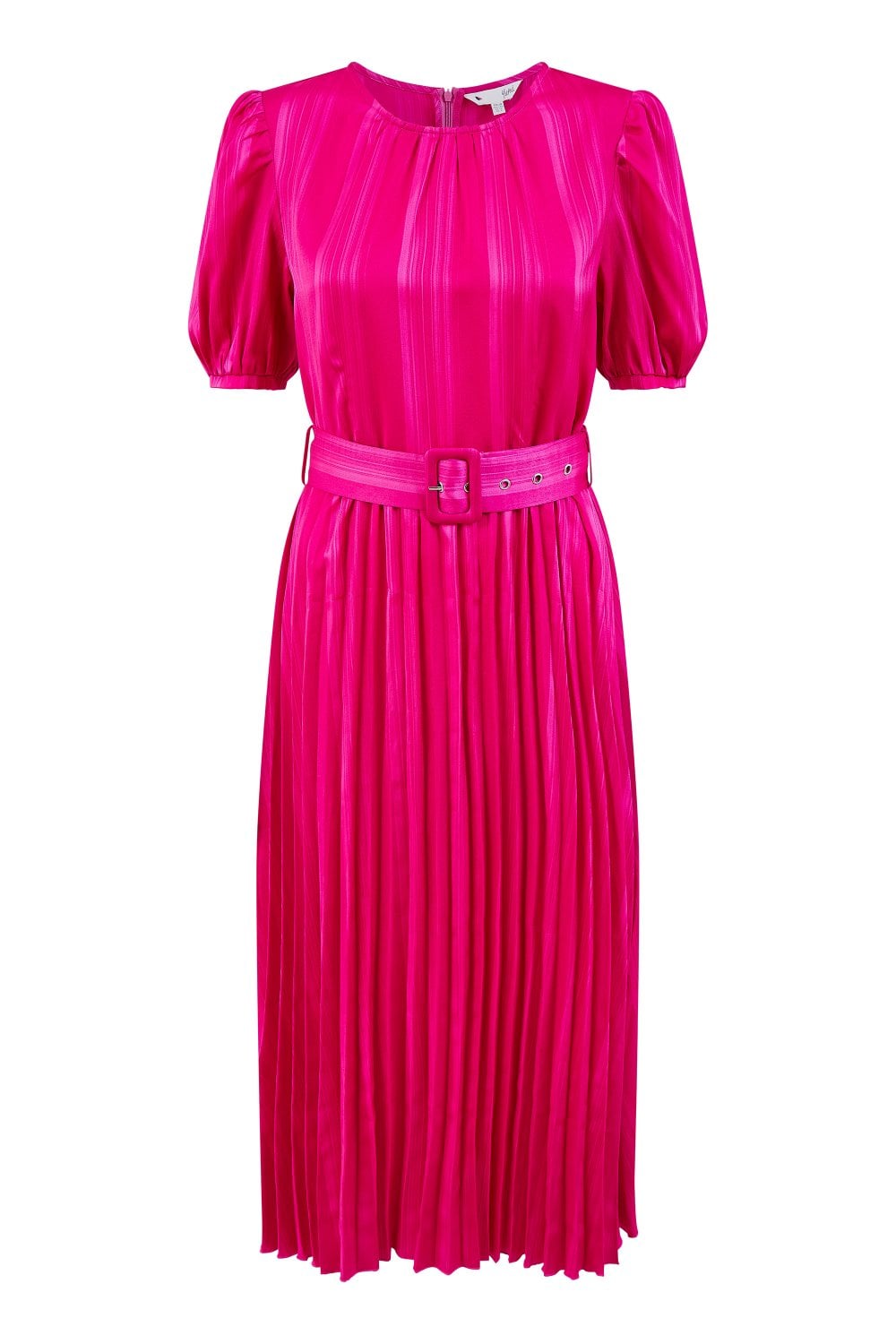 Yumi Pink Satin Striped Midi Dress With Pleats and Matching Belt