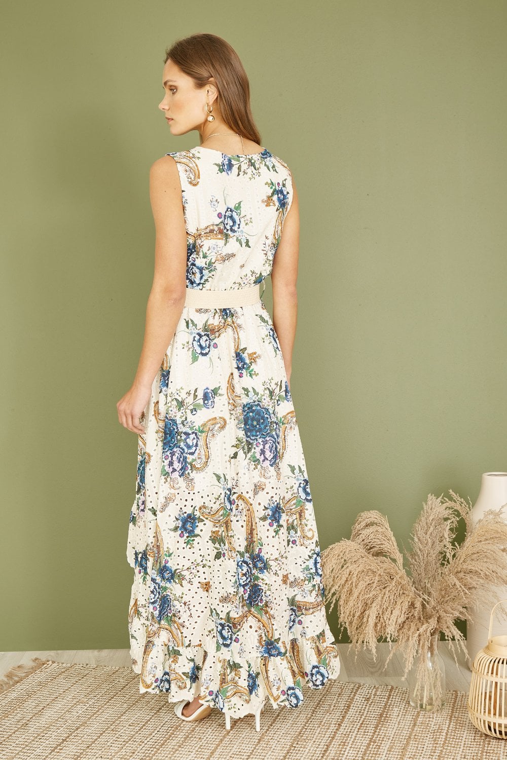 Yumi Premium Ivory Floral Print Broderie Anglaise Cotton Dip Hem Midaxi Dress