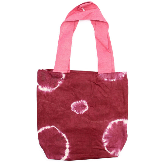 Natural Tye-Dye Cotton Bag (8oz) - 38x42x12cm - Maroon Rings - Pink Handle - Kaftan direct