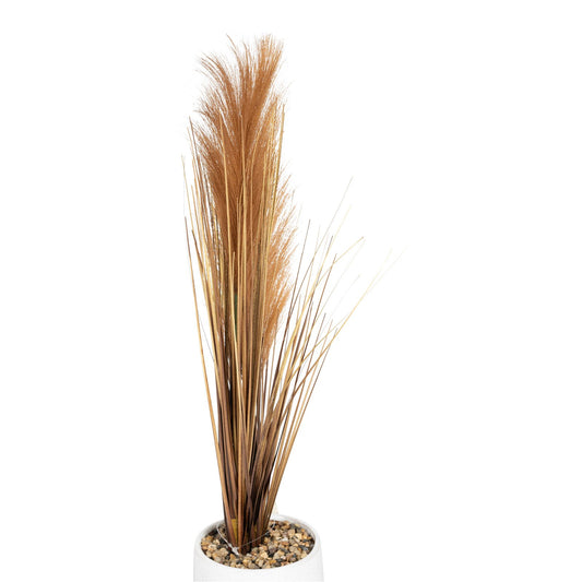 Artificial Grasses In A White Pot With Brown Feathers - 50cm - Kaftan direct