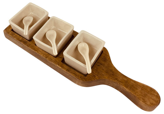 Wooden Tray With Dip Bowls & Spoons 36cm - Kaftan direct