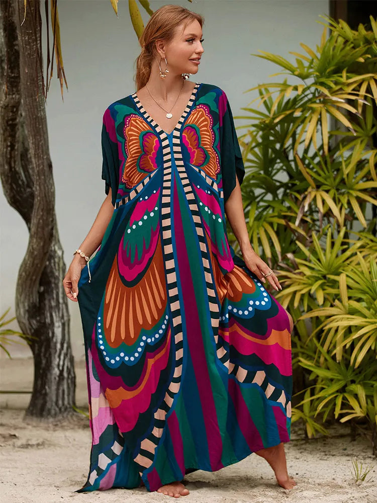 Bohemian Seaside Plus Size Print Kaftan Maxi Dress - Kaftans direct