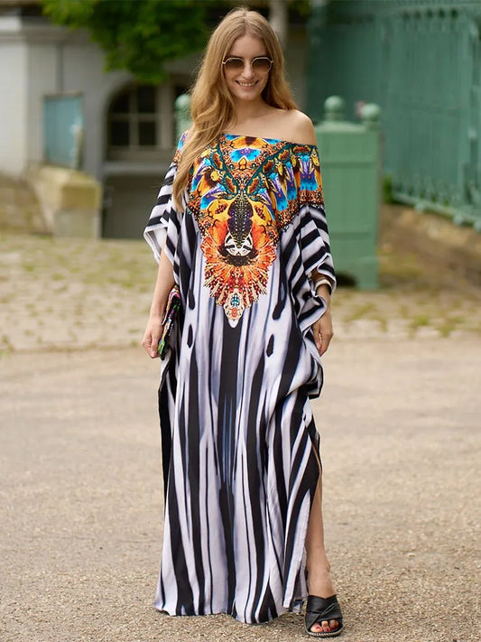 Bohemian Seaside Plus Size Print Kaftan Maxi Dress - Kaftans direct