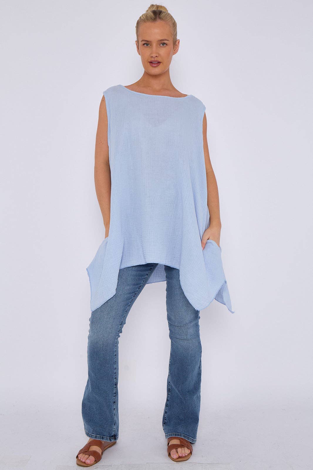 Italian Sleeveless Cheesecloth Cotton Tunic Top: Royal Blue / One Size To Fit UK 8-18