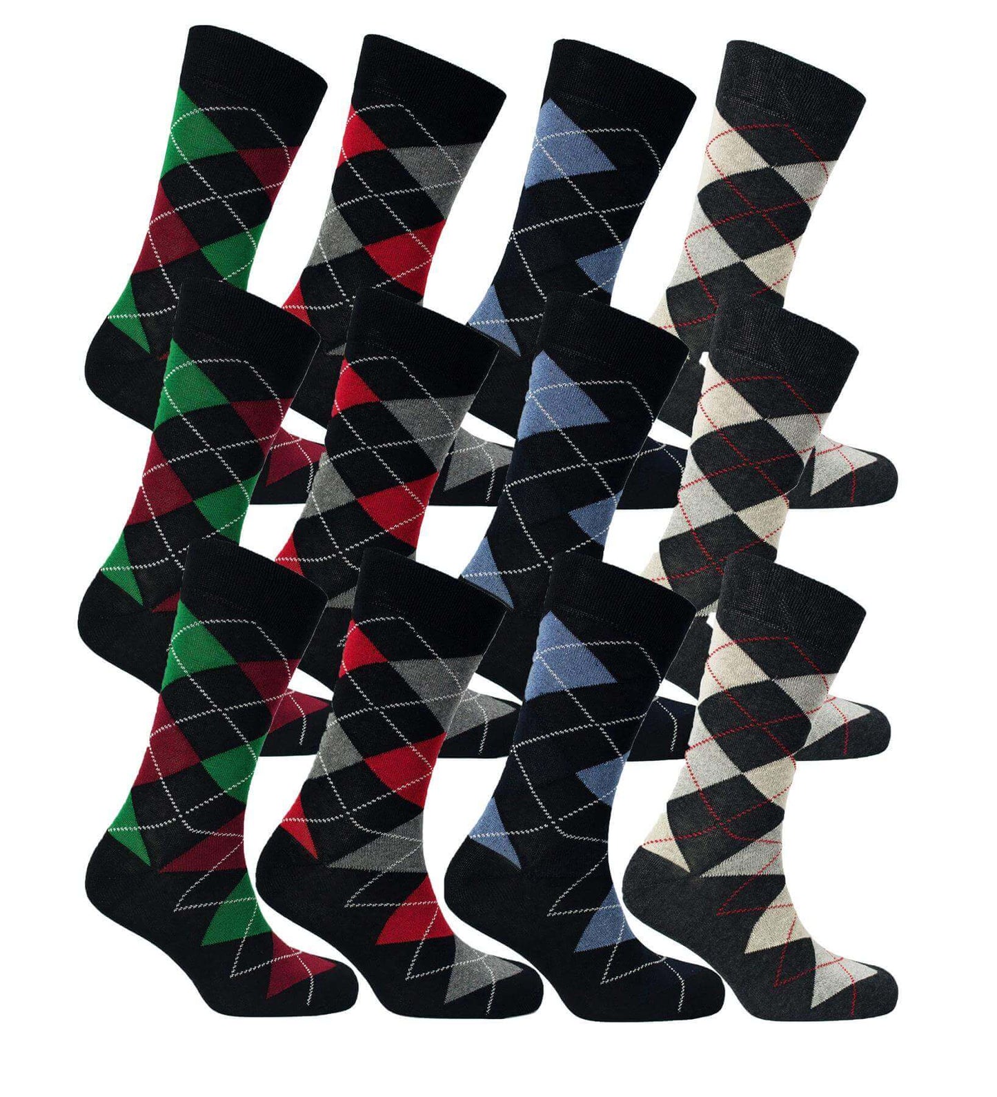 12 Pairs Men's Colourful Heel Toe Black Argyle Diamond Socks Comfort Fit Cotton Rich Durable Work Sock Ultra-Smooth Flat Toe Seam Comfortable School Business Wear UK 6-11 by Sock Stack