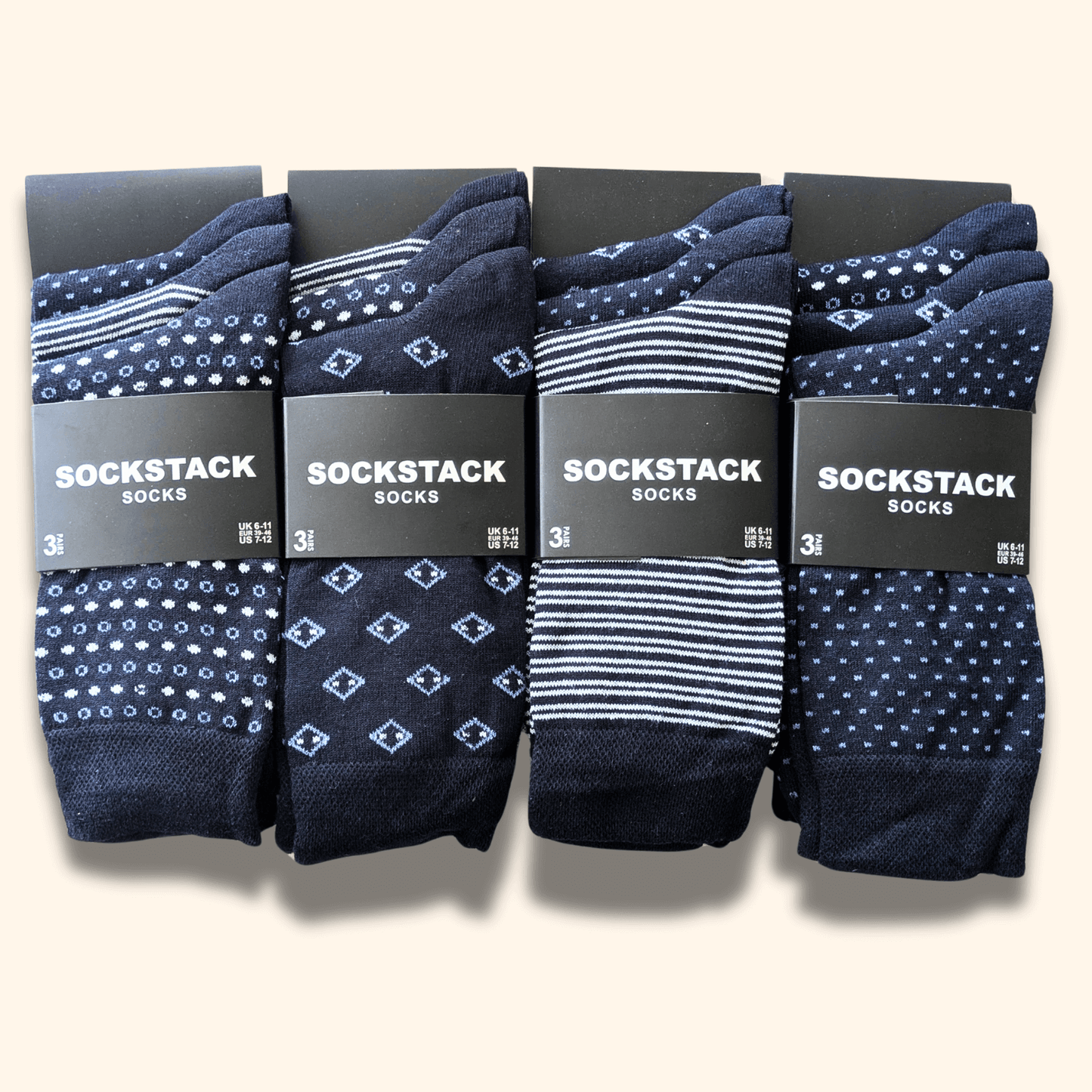 12 Pairs Men's Soft Cotton Colourful Heel Toe Black Argyle Diamond Easycare Comfortable Shoe Socks Flat Toe Seam Durable Work School Business Wear UK 6-11 by Sock Stack