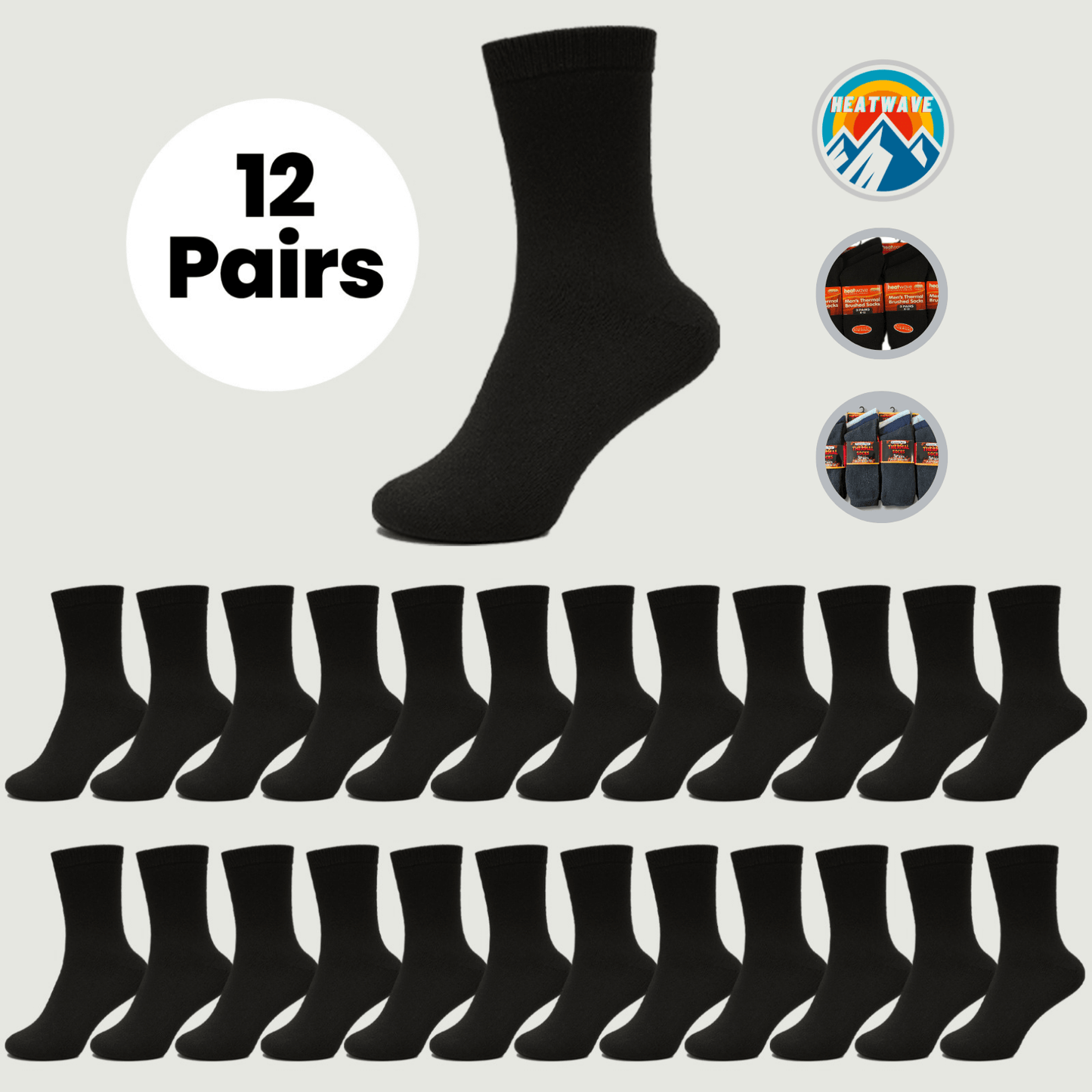 12 Pairs Mens Black Thermal Socks Warm Work Boot Socks Superior Insulation Cold Weather Double Brushed Advanced Knitting Technology Extra Warmth by Heatwave Thermalwear