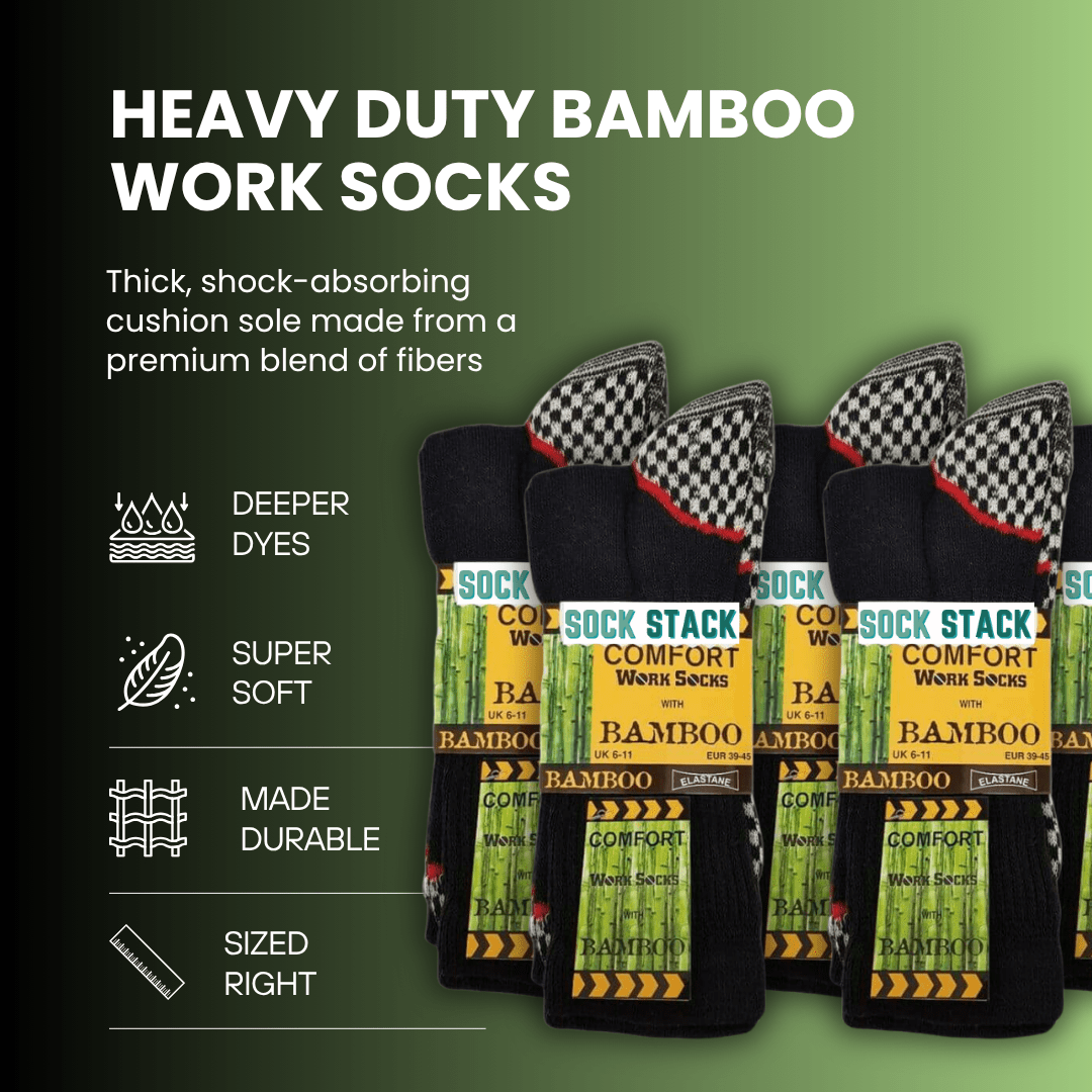 12 Pairs Mens Heavy Duty Bamboo Work Socks Moisture Wicking Cushioned Reinforced Heel Toe for Construction and Outdoor Work UK Sizes 6-11 Sock Stack