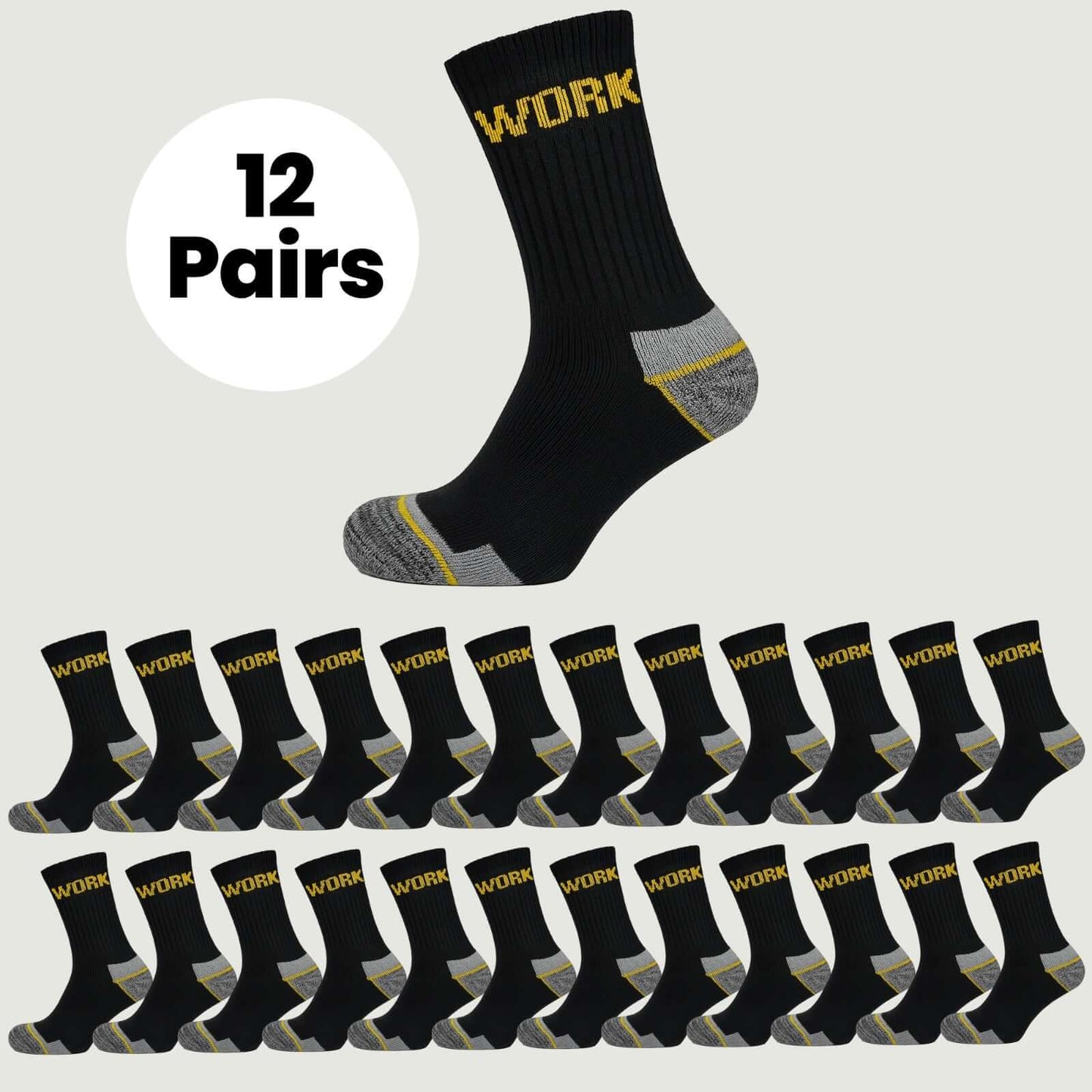 12 Pairs Mens Heavy Duty Work Socks Cushion Sole Reinforced Toe Heel Durable Black Boot Sock for Construction Outdoor Jobs Walking Sizes UK 6-11 EUR 39-45 by Sock Stack