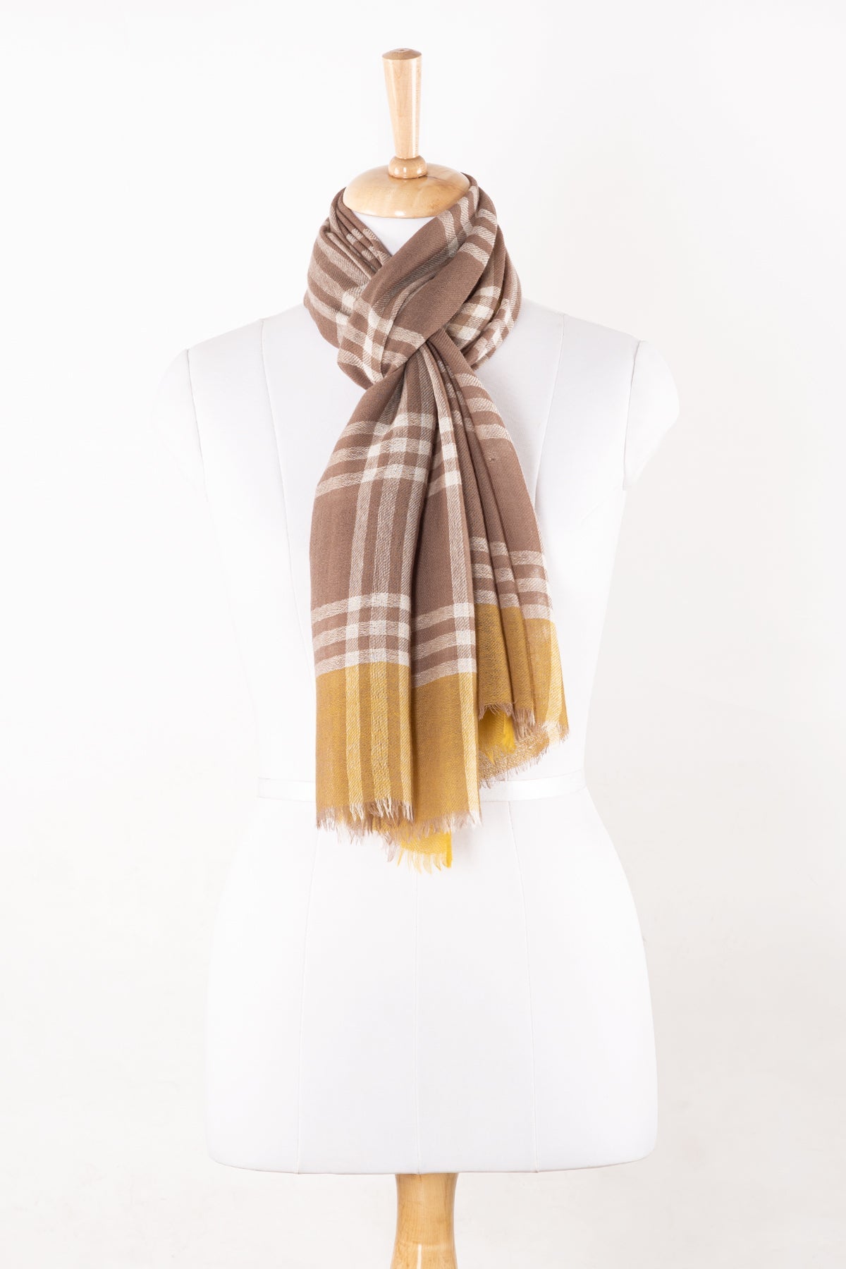 Yarn Dyed Windowpane Checks Twill Weave Merino Wool Scarf - Beige Ochre