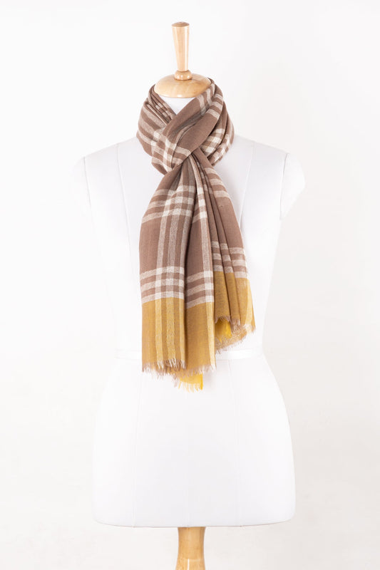 Yarn Dyed Windowpane Checks Twill Weave Merino Wool Scarf - Beige Ochre