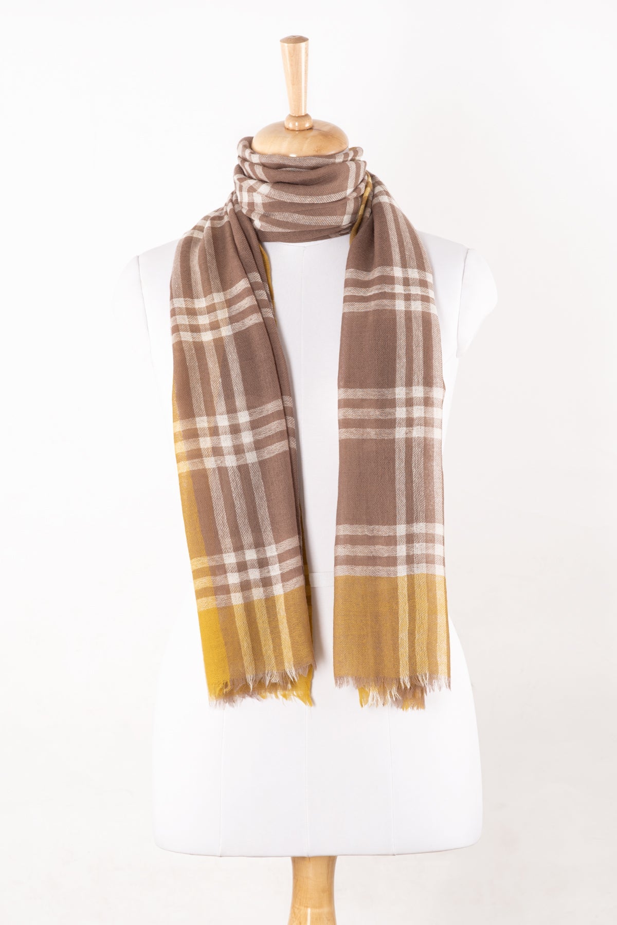 Yarn Dyed Windowpane Checks Twill Weave Merino Wool Scarf - Beige Ochre