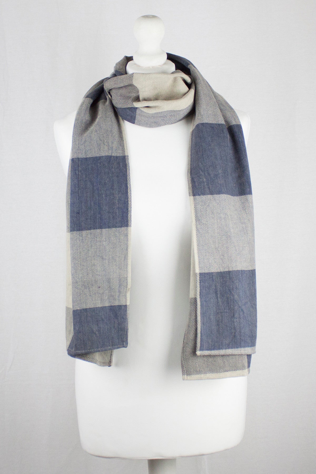 Box Checks Twill Weave Cotton Scarf - Grey Beige