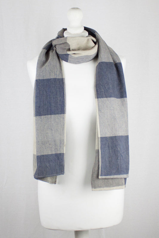 Box Checks Twill Weave Cotton Scarf - Grey Beige