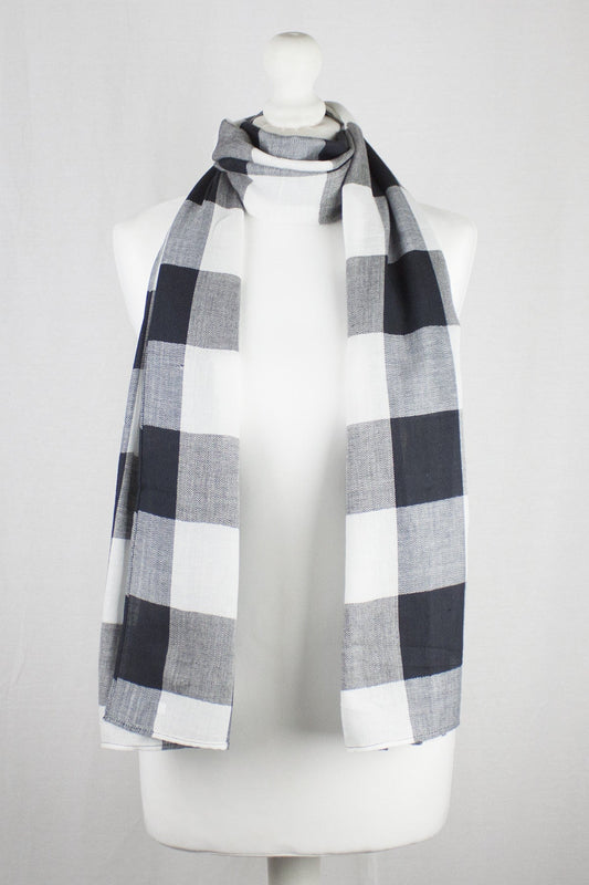 Tartan Checks Chevron Weave Cotton Viscose Scarf - Black White