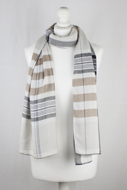 Checks and Stripes Textured Weave Viscose Scarf - Beige Black Off-White