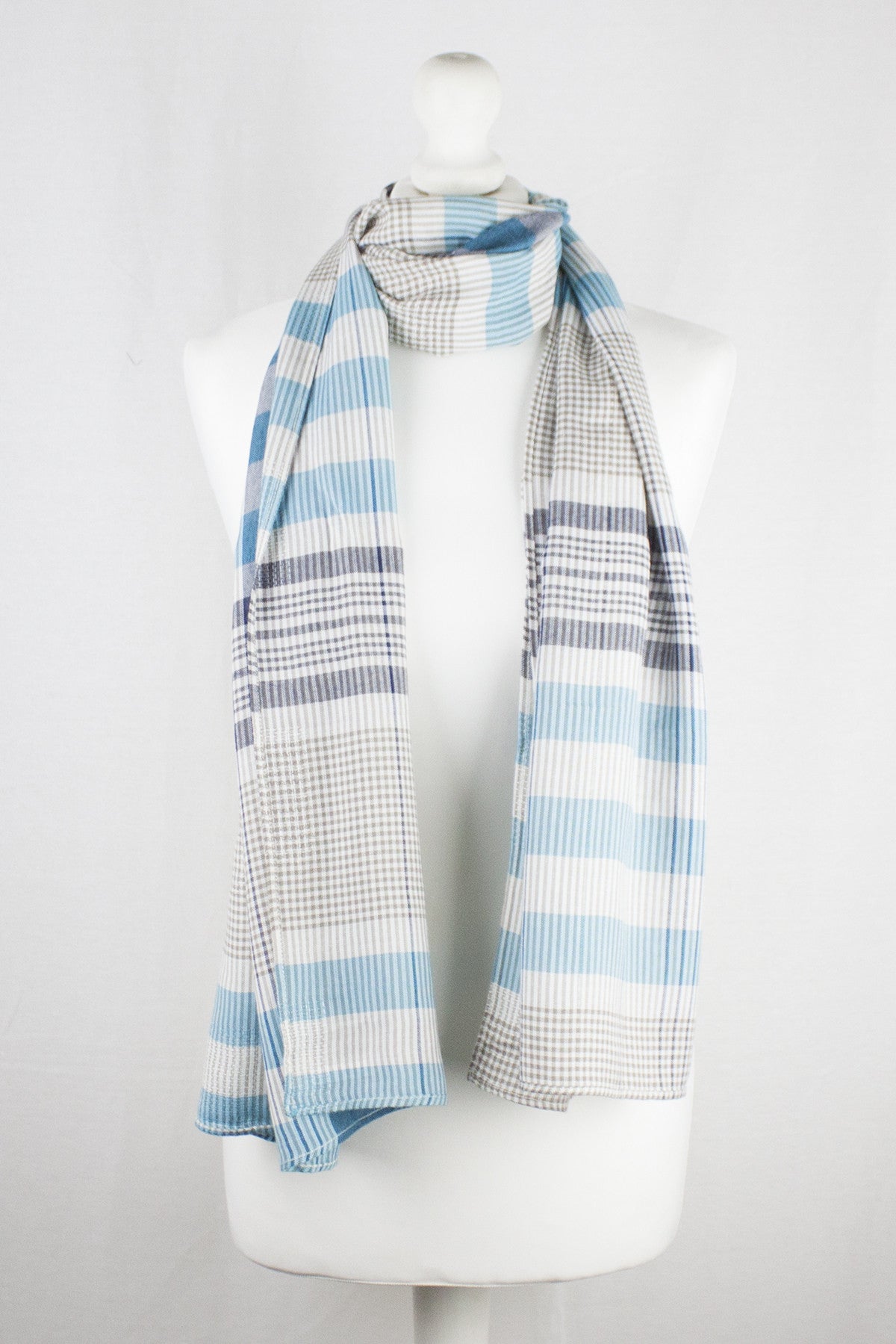 Checks and Stripes Textured Weave Viscose Scarf - Blue Navy Beige