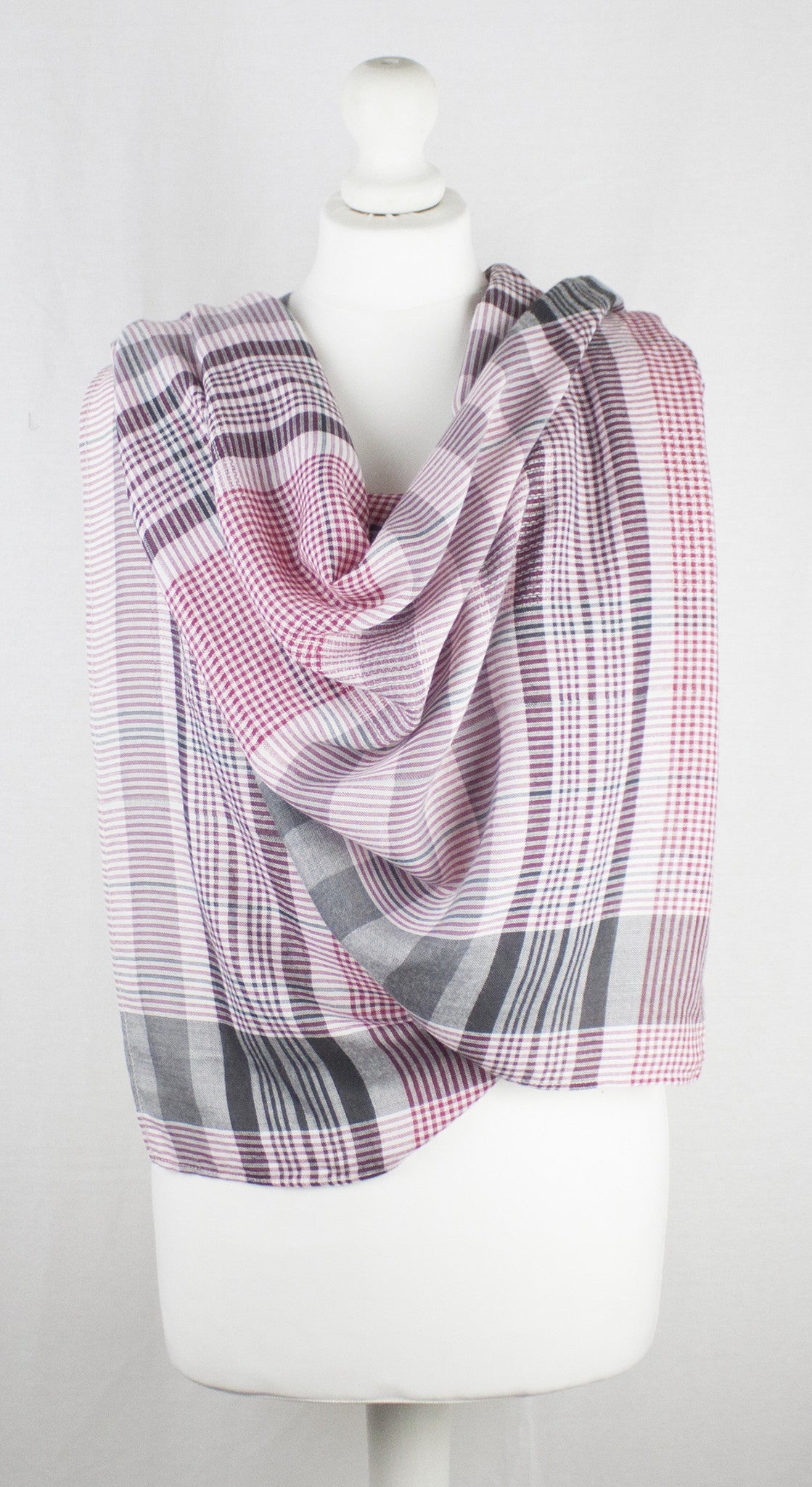 Checks and Stripes Textured Weave Viscose Scarf - Pink Black Off-White