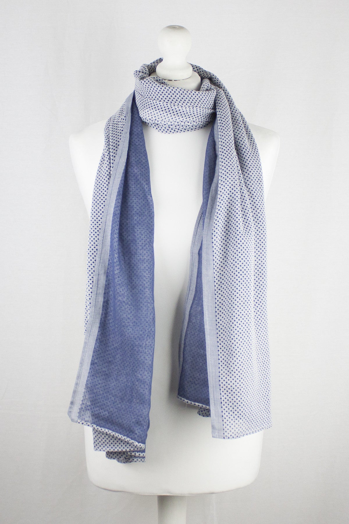 Ditsy Diamond Print Double Fabric Cotton Scarf -  Chambray Blue