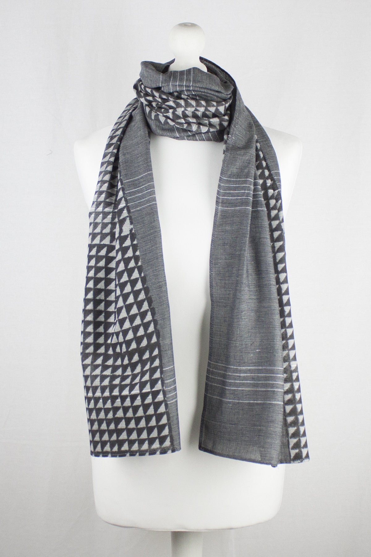 Triangle Print Chambray Cotton Scarf -  Grey Black