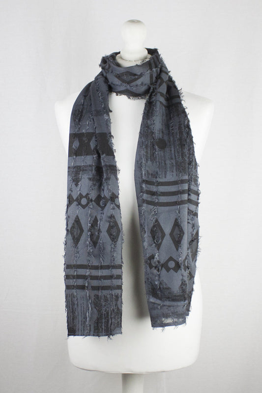 Frayed Stripes Block Printed Viscose Scarf - Grey Black