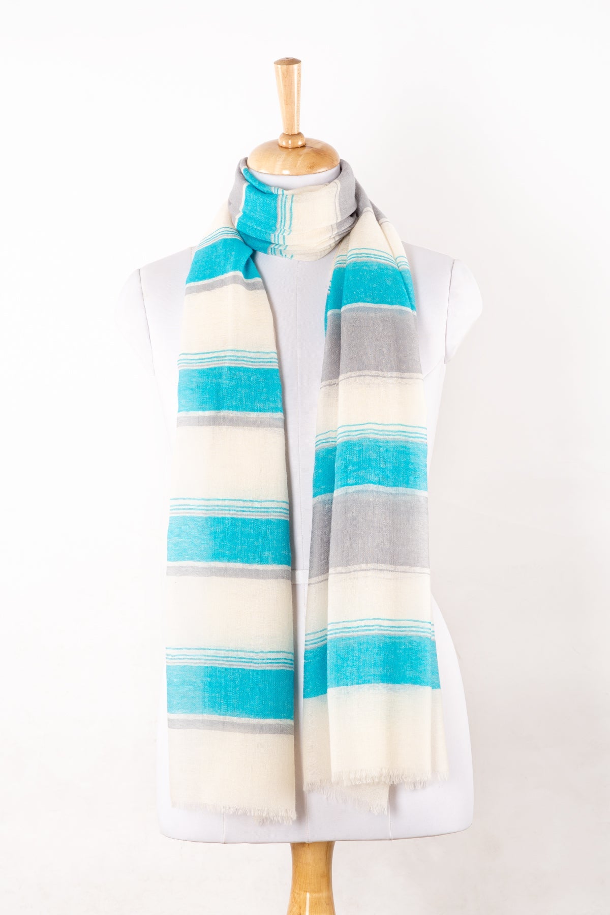 Wide Stripes Merino Wool Scarf - Turquoise White