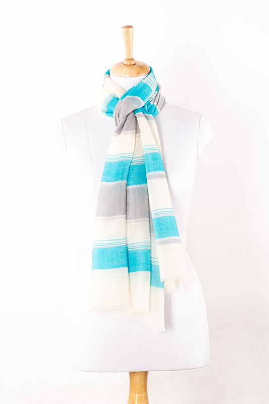 Wide Stripes Merino Wool Scarf - Turquoise White