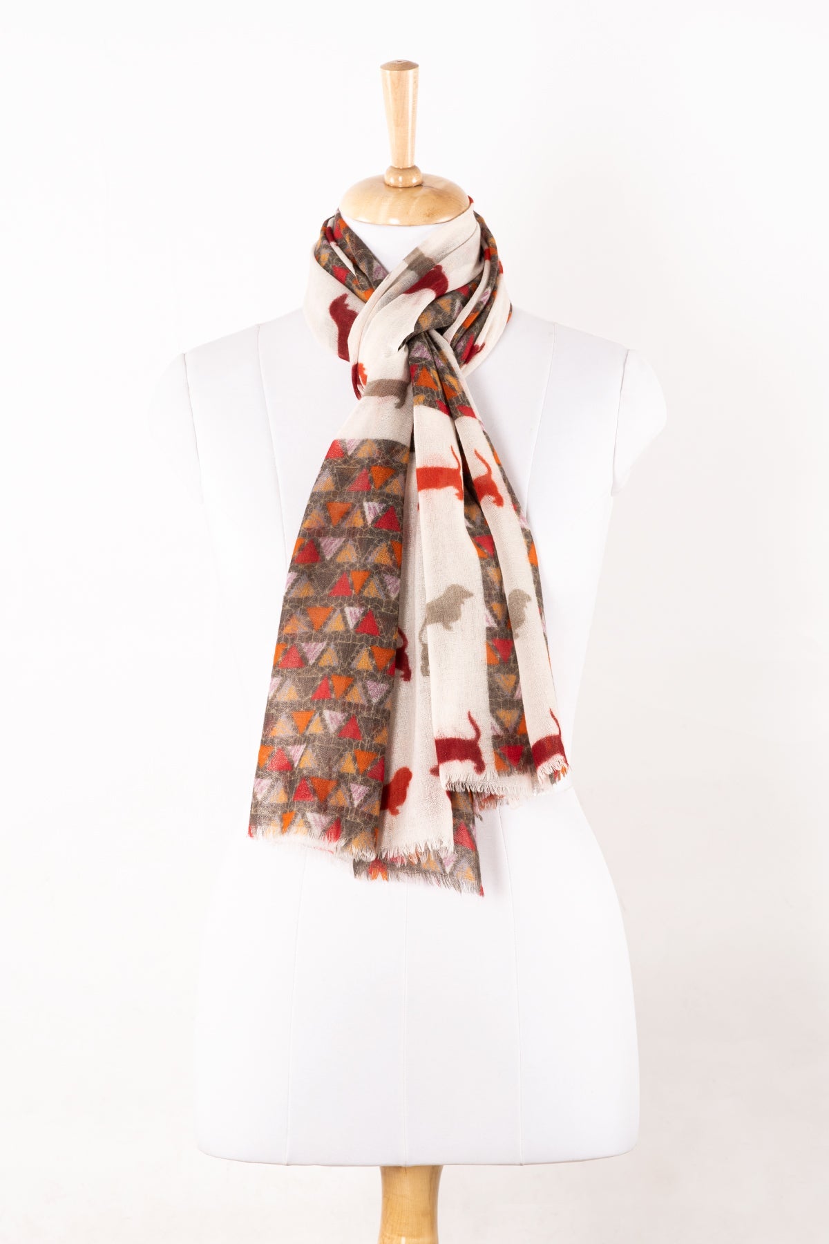 Dog and Triangle Patch Print Merino Wool Scarf - White