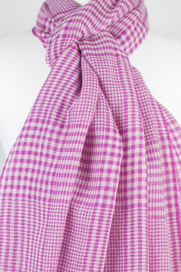 Gingham Mix Merino Wool Scarf - Fuschia