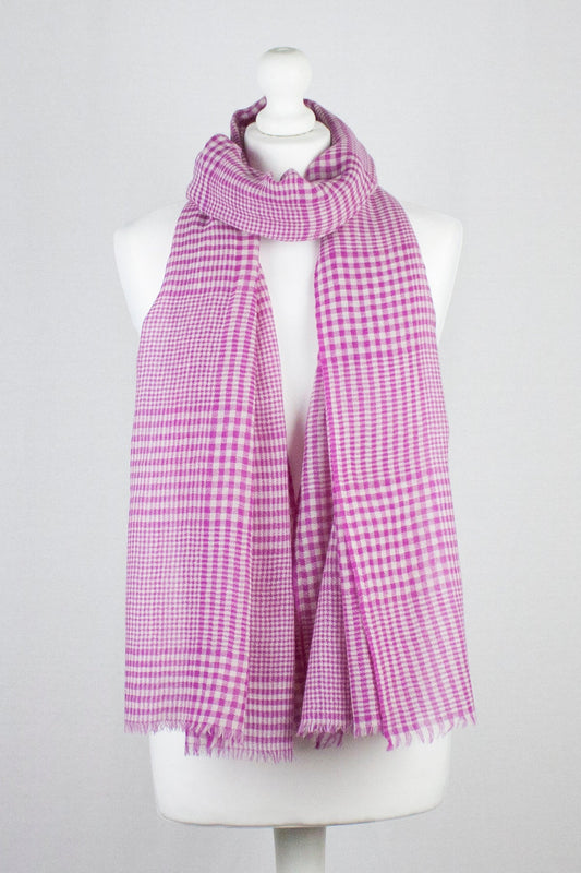 Gingham Mix Merino Wool Scarf - Fuschia