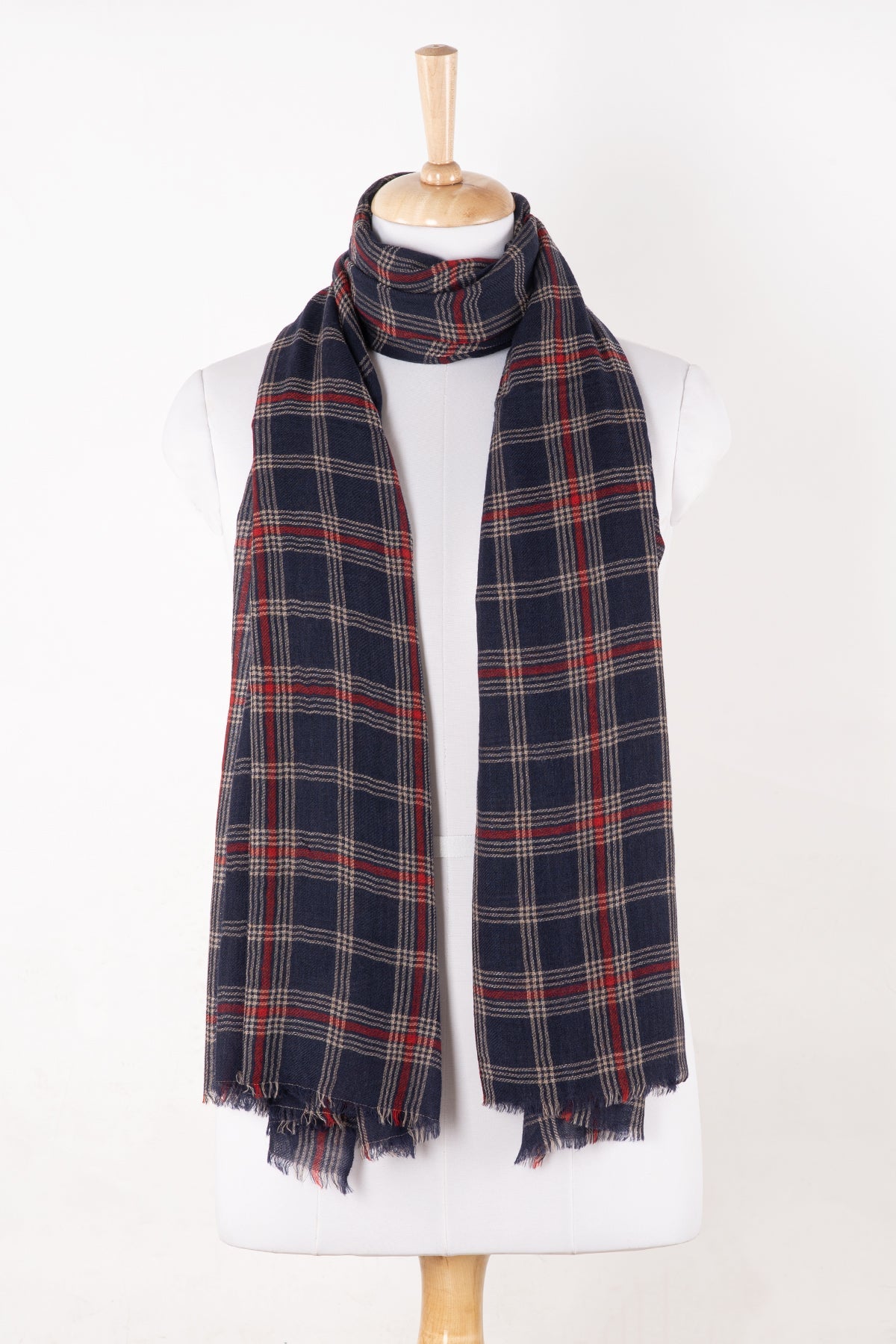 Yarn Dyed Twill Weave Classic Checks Merino Wool Scarf - Navy Red
