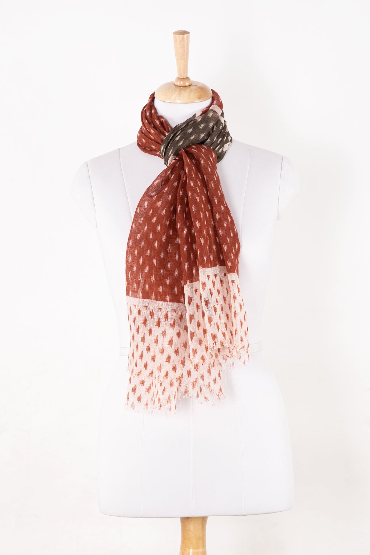Hazy Brush Print Linen Cotton Scarf - Terracotta Grey White